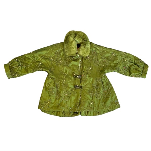 Rare Vintage Anita Su Green Seashell Embroidered Sequin Fur Luxury Coat - Picture 1 of 13